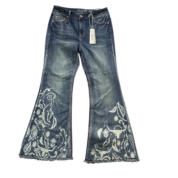 Grace Jeans 31 Easy Fit NEW Wide Decorated Leg Cotton Blend Raw Leg - Picture 8 of 12